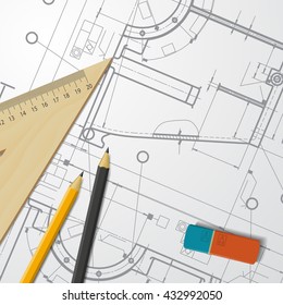 Vector technical blueprint of mechanism. Engineer illustration. Set of corporate identity templates. Architecture Background