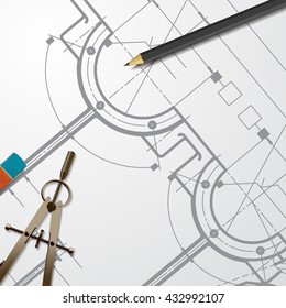 Vector technical blueprint of mechanism. Engineer illustration. Set of corporate identity templates. Architecture Background