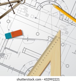 Vector technical blueprint of mechanism. Engineer illustration. Set of corporate identity templates. Architecture Background