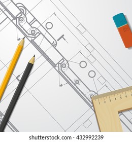 Vector technical blueprint of mechanism. Engineer illustration. Set of corporate identity templates. Architecture Background