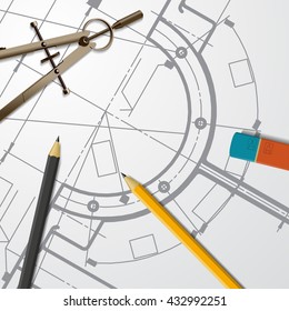Vector technical blueprint of mechanism. Engineer illustration. Set of corporate identity templates. Architecture Background