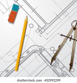 Vector technical blueprint of mechanism. Engineer illustration. Set of corporate identity templates. Architecture Background