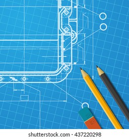Vector technical blueprint of mechanism. Engineer illustration. Set of corporate identity templates. Architecture Background