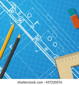 Vector technical blueprint of mechanism. Engineer illustration. Set of corporate identity templates. Architecture Background
