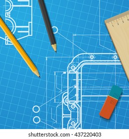 Vector technical blueprint of mechanism. Engineer illustration. Set of corporate identity templates. Architecture Background