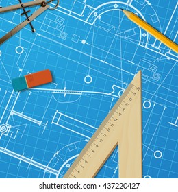 Vector technical blueprint of mechanism. Engineer illustration. Set of corporate identity templates. Architecture Background
