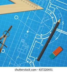 Vector technical blueprint of mechanism. Engineer illustration. Set of corporate identity templates. Architecture Background