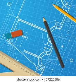 Vector technical blueprint of mechanism. Engineer illustration. Set of corporate identity templates. Architecture Background