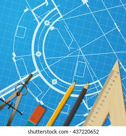 Vector technical blueprint of mechanism. Engineer illustration. Set of corporate identity templates. Architecture Background