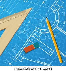 Vector technical blueprint of mechanism. Engineer illustration. Set of corporate identity templates. Architecture Background
