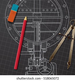 Vector technical blueprint of mechanism. Engineer illustration