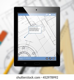 Vector technical blueprint of mechanism on tab. Engineer illustration. Architecture Background