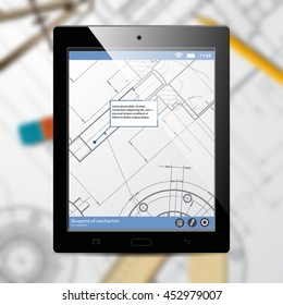 Vector technical blueprint of mechanism on tab. Engineer illustration. Architecture Background
