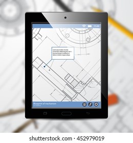 Vector technical blueprint of mechanism on tab. Engineer illustration. Architecture Background