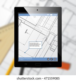 Vector technical blueprint of mechanism on tab. Engineer illustration. Architecture Background