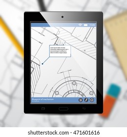 Vector technical blueprint of mechanism on tab. Engineer illustration. Architecture Background