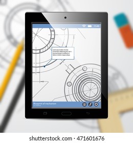 Vector technical blueprint of mechanism on tab. Engineer illustration. Architecture Background