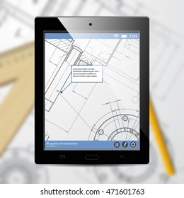 Vector technical blueprint of mechanism on tab. Engineer illustration. Architecture Background