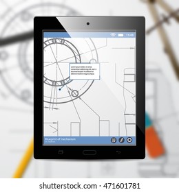 Vector technical blueprint of mechanism on tab. Engineer illustration. Architecture Background