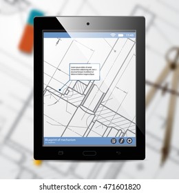 Vector technical blueprint of mechanism on tab. Engineer illustration. Architecture Background