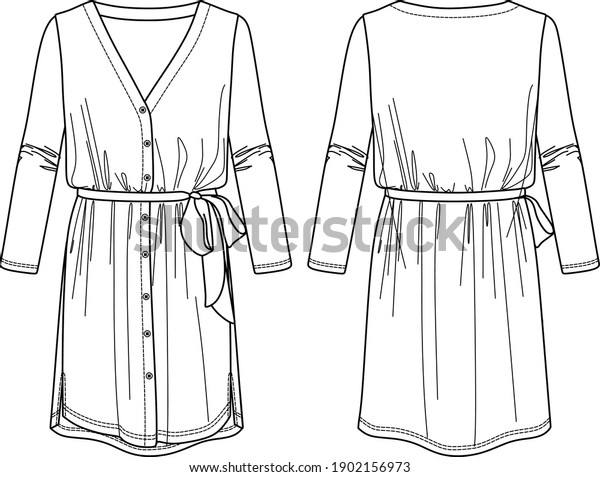 Vector technical drawing, dress fashion CAD,
shirt-dress sketch with
buttons
