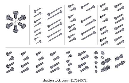 vector technical drawing of fasteners in isometric drawing