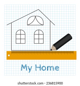 Vector technical drawing house with pencil and ruler