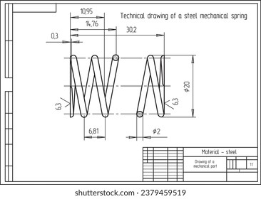 Technische Zeichnung einer mechanischen Feder mit Abmessungen.
Konstruktionsschema eines Stahlteils. Mechanischer Hintergrund.