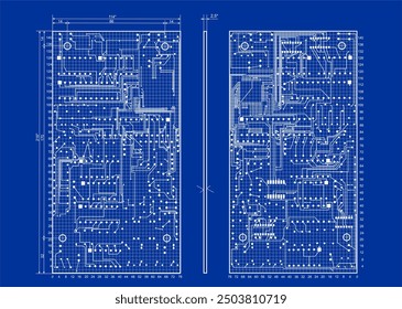 Vector technical drawing of pcb.
Wiring of conductors of printed circuit board of an 
electronic device. Design documentation.