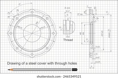 Vector dibujo técnico a lápiz
en papel de cuaderno a cuadros. Un boceto de acero mecánico
pieza con taladros pasantes y líneas dimensionales.
Fondo con esquema de tarjeta de ingeniería con cuadrícula.