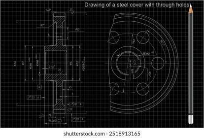 Dibujo técnico del Vector en lápiz
en papel de cuaderno a cuadros. Un boceto de acero mecánico
parte con orificios pasantes y líneas dimensionales.
Antecedentes con esquema de tarjeta de ingeniería con cuadrícula.