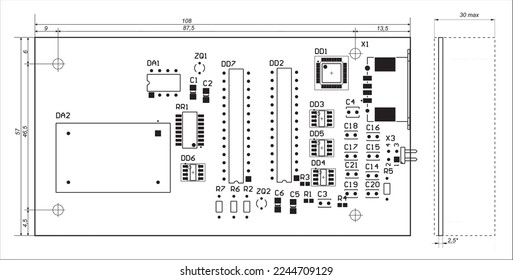 Vector technical drawing.
Placement of components on the printed 
circuit board of an electronic device. 
Design documentation.