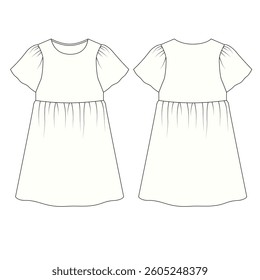 Vector technical drawing of short sleeve dress for girls, vector. Sketch of dress for children front and back view. Basic dress pattern for girls, vector.