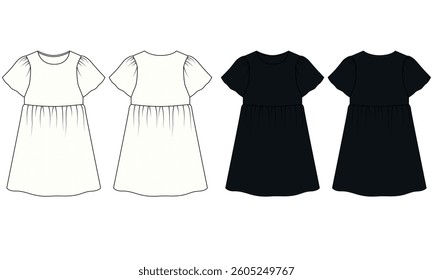 Vector technical drawing of short sleeve dress for girls, front and back view . Sketch of dress for kids white and black colors. Basic dress pattern for girls, vector.