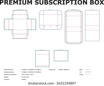 Vector technical drawing showing several packaging subscription boxes with dimensions design details and material information.