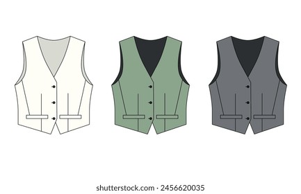 Vector technical drawing of suit vest with pockets, white, green, gray colors. Fashion vest pattern for women isolate on white background. Outline pattern of short vest with buttons.