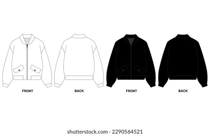 Dibujo técnico vectorial de una chaqueta de cierre en estilo casual. Plantilla de chaqueta corta - bombardero, vista frontal y trasera. Colección de chaquetas cortas para mujeres con bolsillos, blancos y negros.