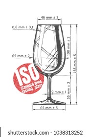 Vector Dibujo técnico de copa de cata de vino estándar ISO con dimensiones. ilustración de copa de vino en estilo vintage grabado. Aislado sobre fondo blanco.