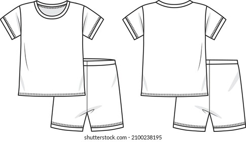 Vector Technical Fashion Flat illustration kids or adult short sleeve shorty pajamas CAD mockup template