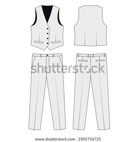 Vector technical illustration of men's vest and trousers front and back view. Sketch of basic, suit vest with buttons, vector. Sketch of basic men's trousers with arrows, vector.