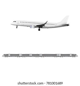 Vector technical illustration of speed train and airpane isolated on white.