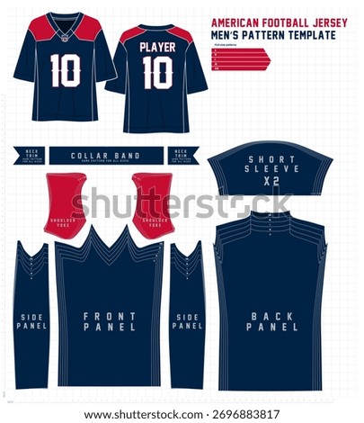 Vector technical pattern of men’s American football fan jersey, full-size template with multi-size grading from S to XXL. Ideal for fashion designers, sportswear creation, and garment mockups