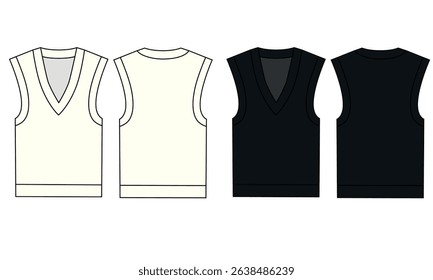 Vector technical pattern of knitted vest, white and black color. Fashion vest template, front and back view. Outline template of summer knitted sleeveless vest.