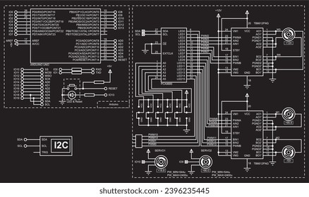 Vector technical schematic diagram of an electronic device with motor on the arduino. Connecting external devices to the arduino board. Electronic circuit board.