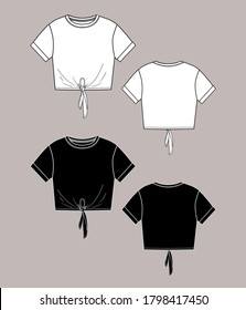 Vector technical sketch of crop top t shirt with knot black and white colors set . Front and back parts. Fashion design. T shirt mock up. Youth fashion. Fashion sketch template