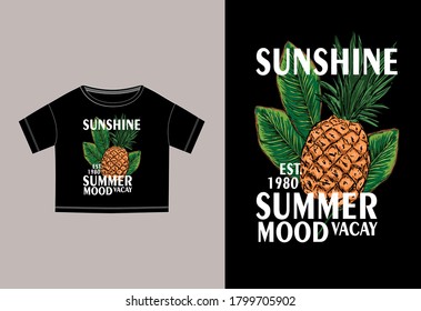 Vector technical sketch of crop top printed t shirt with pineapple, banana leaves and slogan.