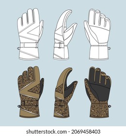 Vector Technical Sketch Of Ski Brown Gloves With Leopard Print