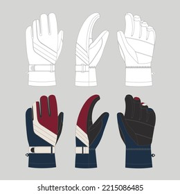 vector technical sketch of tricolor winter snowboarding gloves