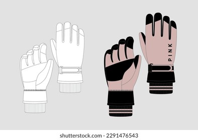 vector technical sketch of winter ski gloves, winter clothing accessory