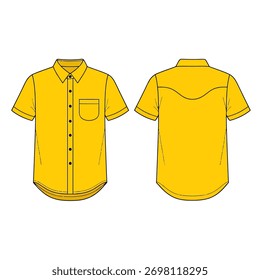 Vector technical sketch of a yellow short sleeve button-up shirt (front and back view)